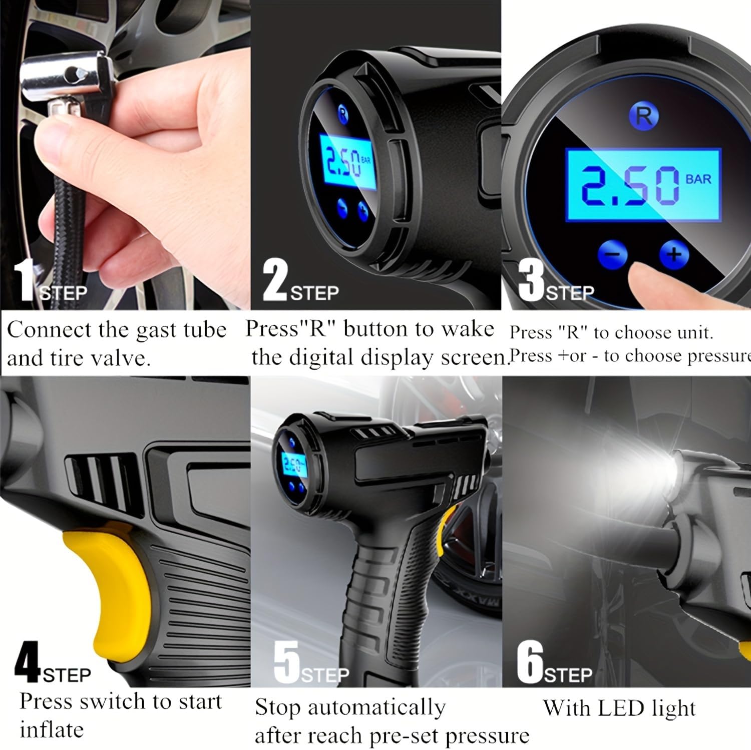 Portable Car Tyre Inflator – Handheld Digital Pump with LED Light, 3 Nozzle Adaptors, DC 12V