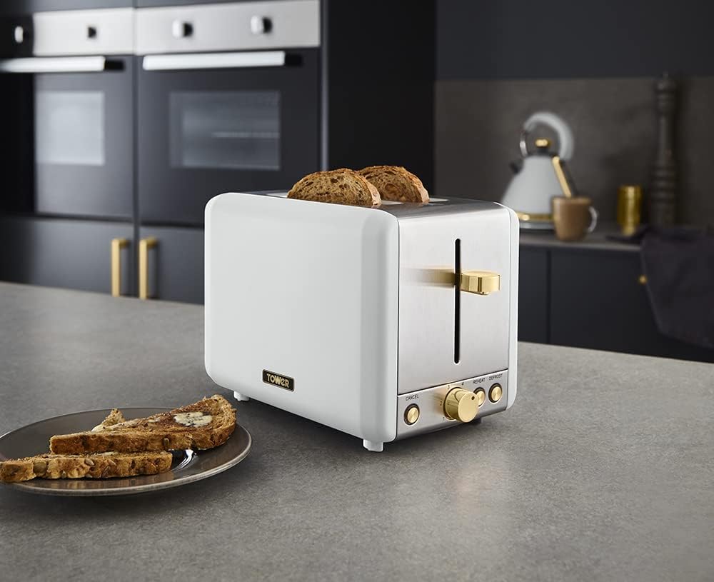 Tower T20069TAN 4-Slice Toaster with Defrost Function, 1600W - White Terrazzo