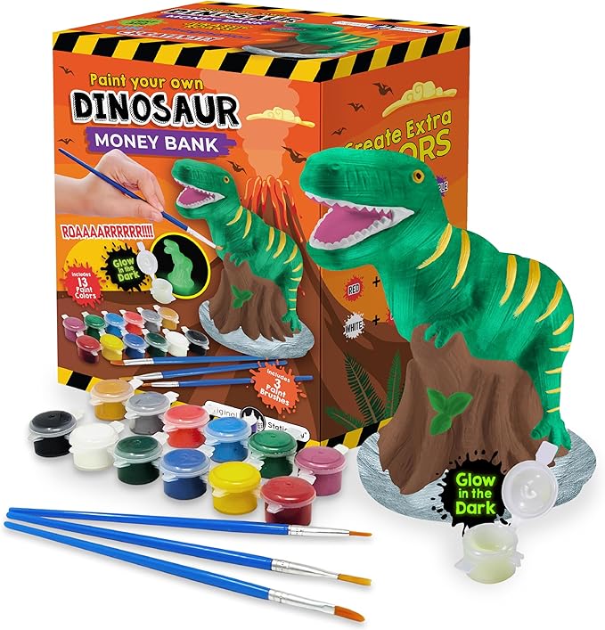 Paint Your Own Dinosaur Money Bank, Awesome Craft Kit with 13 Paint Colors