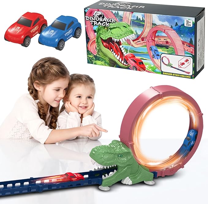 Dinosaur Track Racing Toy with 2 Inertia Racing Cars, Continuous 360 Degree Rotating Racing Track Toy