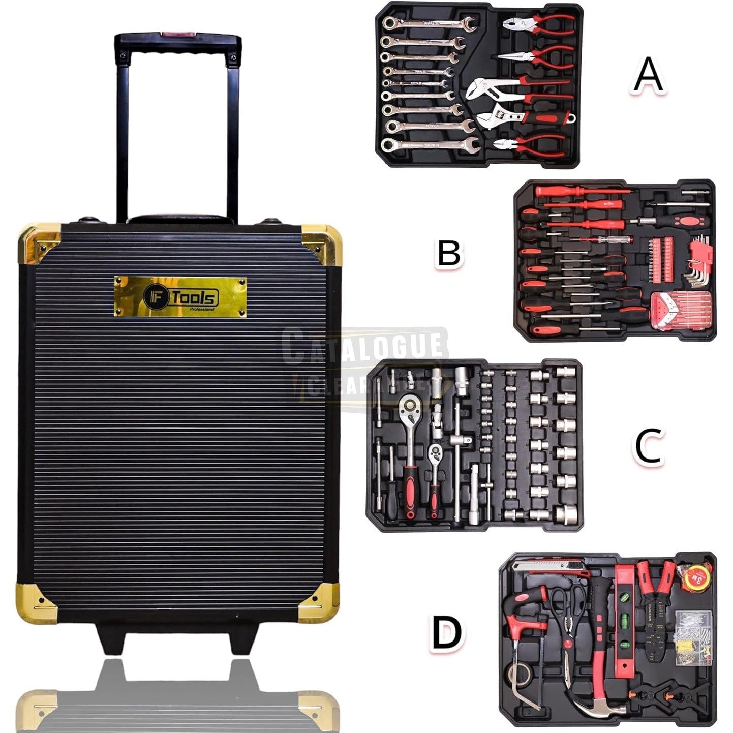 Premium 599 Piece Professional Aluminium Tool Box Set - With Wheels, Telescopic Handle, 4 Levels, Ring Ratchets, Socket Wrenches, Ratchets and Open-End Spanner