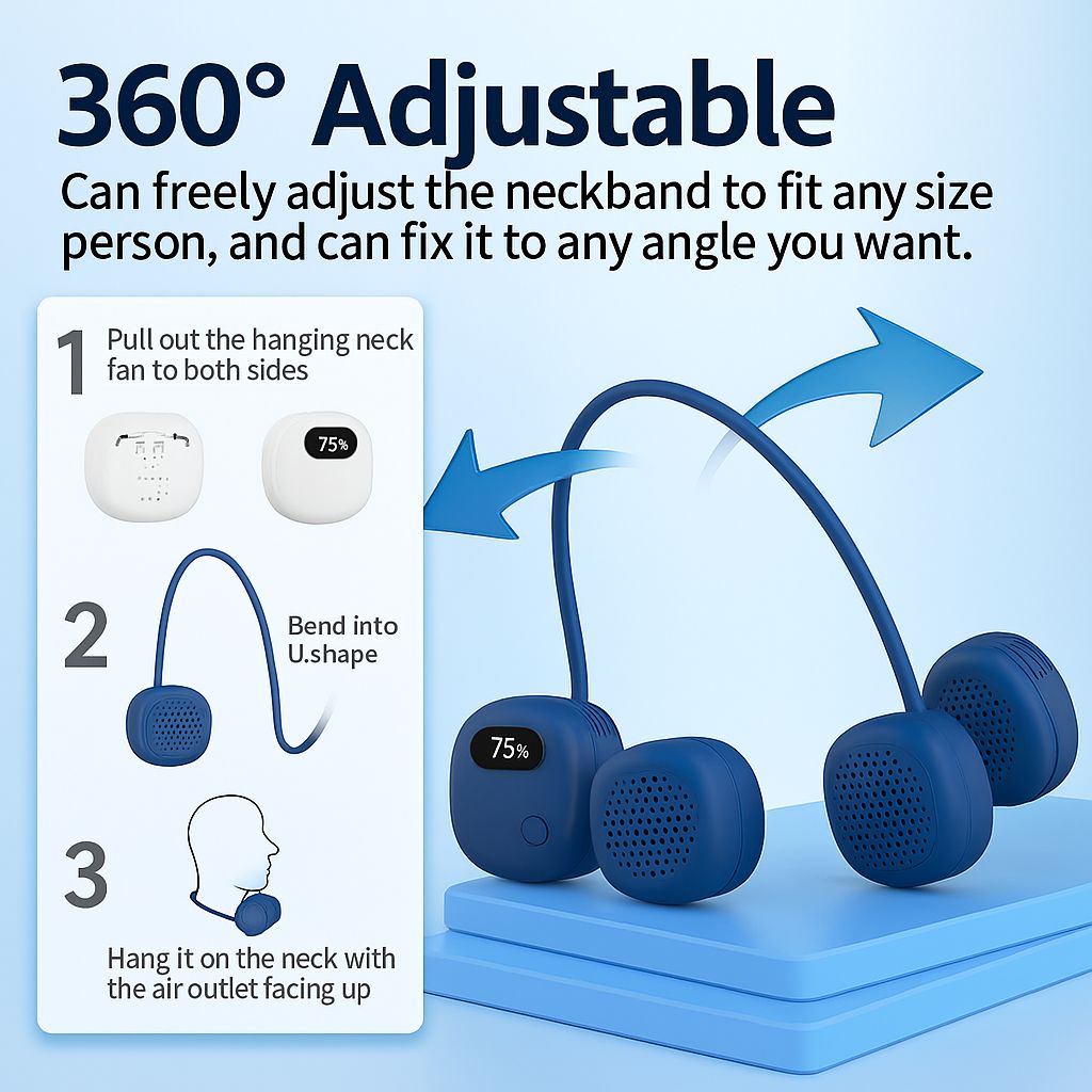 Portable Neck Fan – Foldable Bladeless, 2000mAh USB Rechargeable Hands-Free Cooling