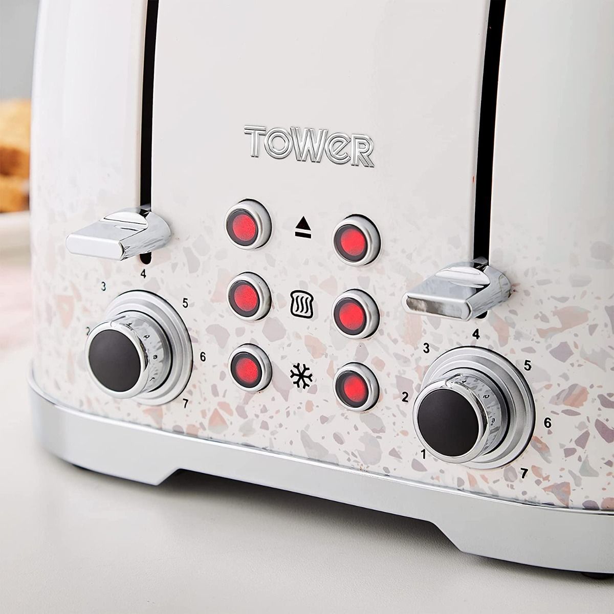 Tower T20069TAN 4-Slice Toaster with Defrost Function, 1600W - White Terrazzo