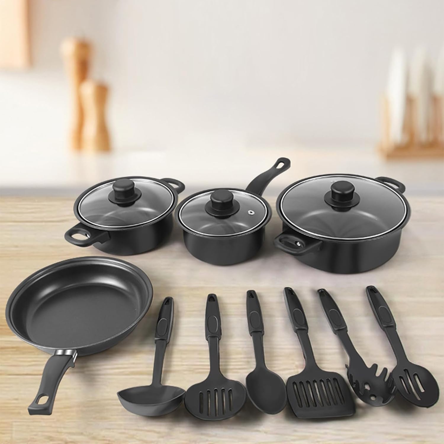 Non Stick Pots and Pans Set 13pcs Kitchen Cookware with Lids Cooking Pot Set Black