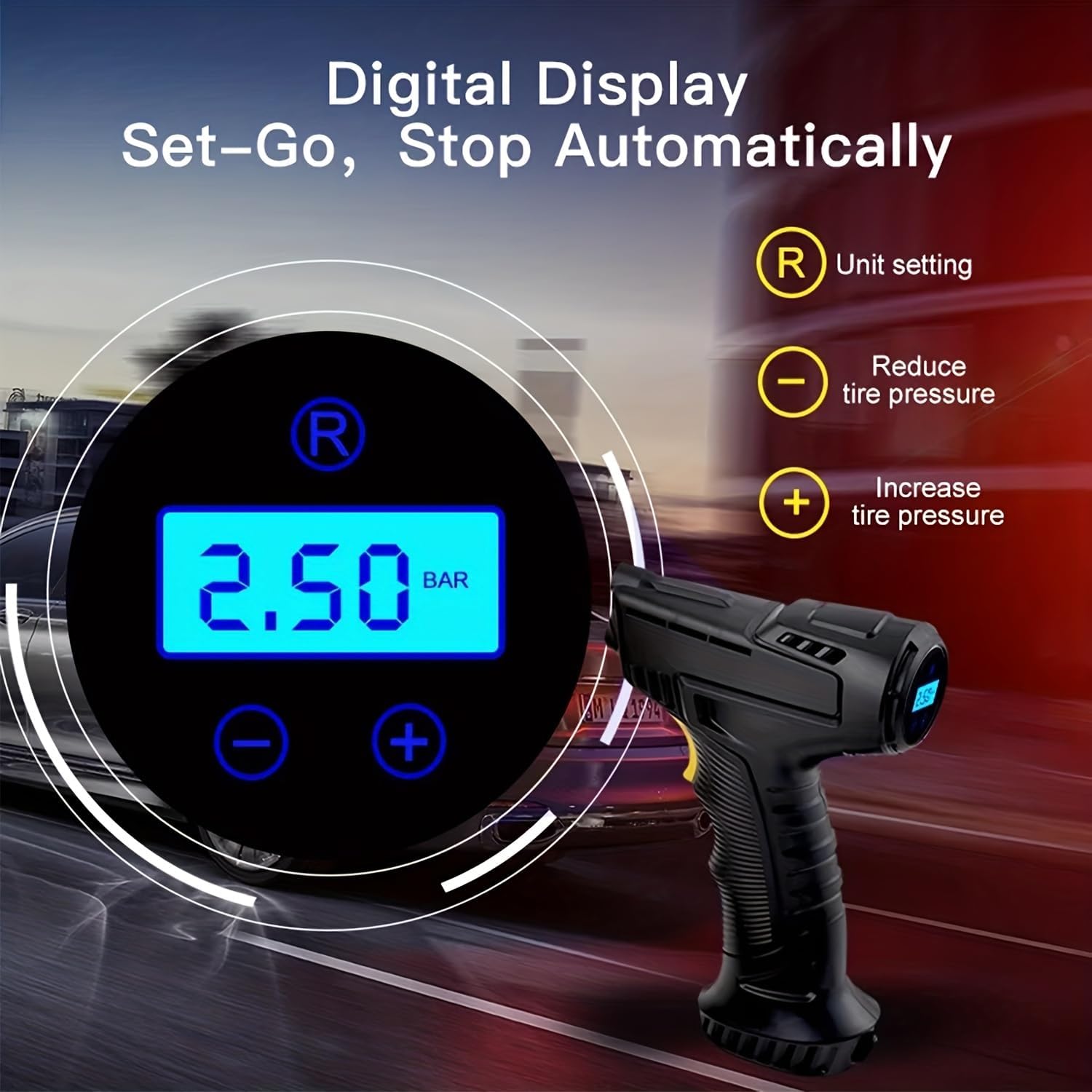 Portable Car Tyre Inflator – Handheld Digital Pump with LED Light, 3 Nozzle Adaptors, DC 12V