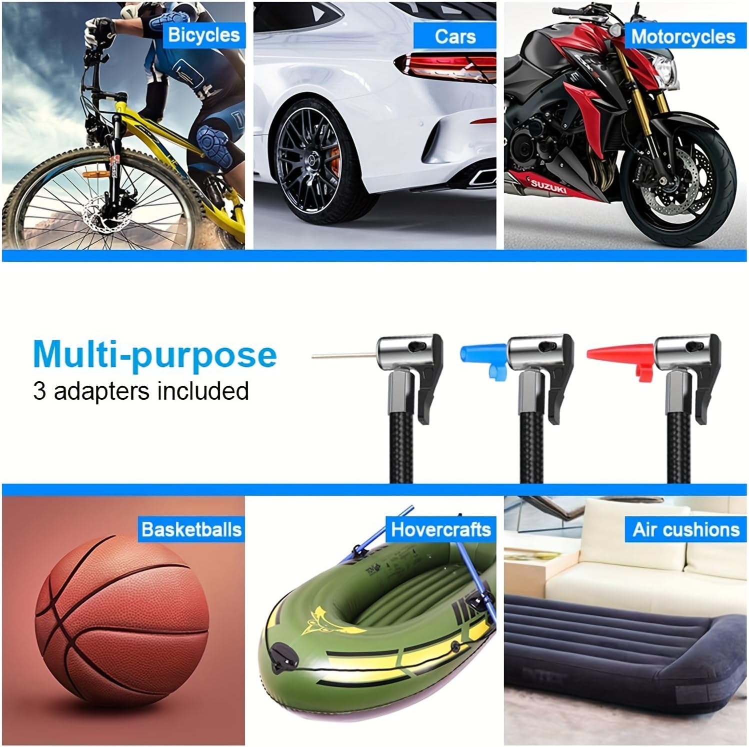 Portable Car Tyre Inflator – Handheld Digital Pump with LED Light, 3 Nozzle Adaptors, DC 12V