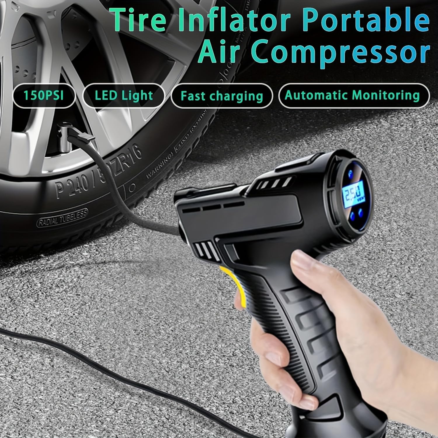 Portable Car Tyre Inflator – Handheld Digital Pump with LED Light, 3 Nozzle Adaptors, DC 12V